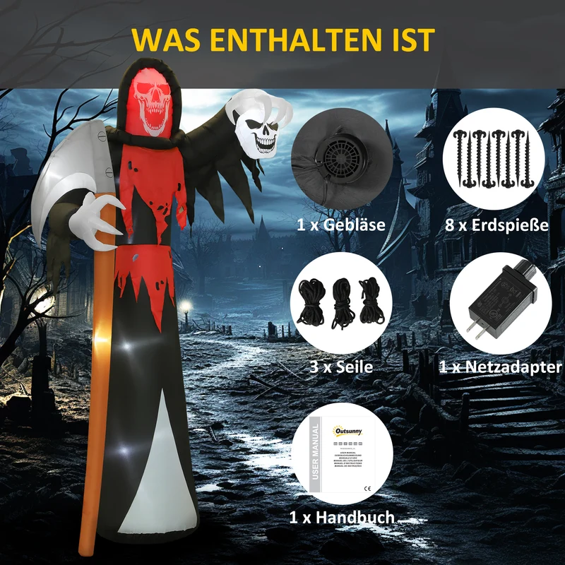 Halloween Aufblasbarer Sensenmann Dekoration 370cm LED Skelett