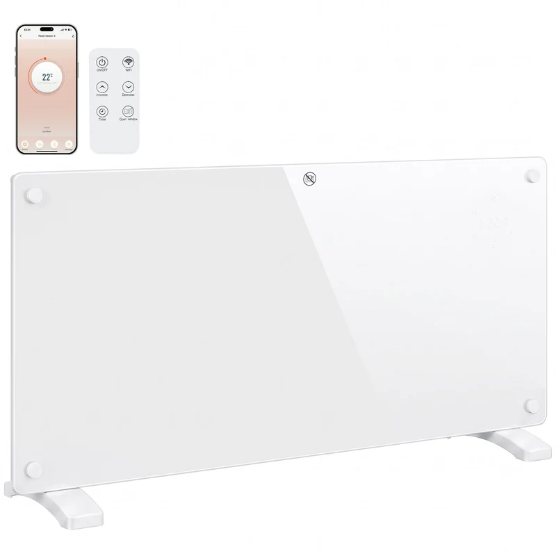 Smart 2000W Glass Heater for Wall or Floor with WiFi & Voice, Timer, White