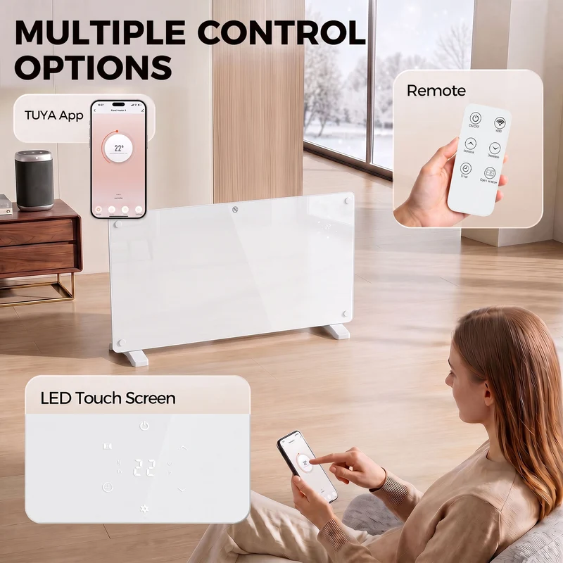 Smart 2000W Glass Heater for Wall or Floor with WiFi & Voice, Timer, White