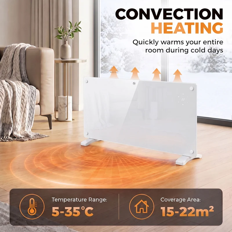 Smart 2000W Glass Heater for Wall or Floor with WiFi & Voice, Timer, White