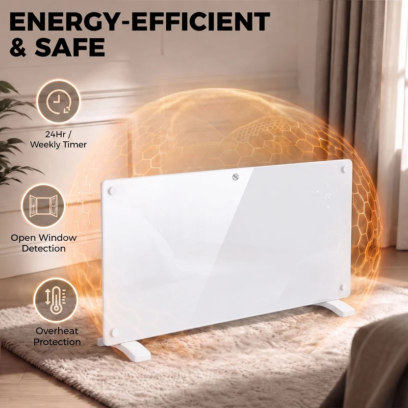 Smart 2000W Glass Heater for Wall or Floor with WiFi & Voice, Timer, White