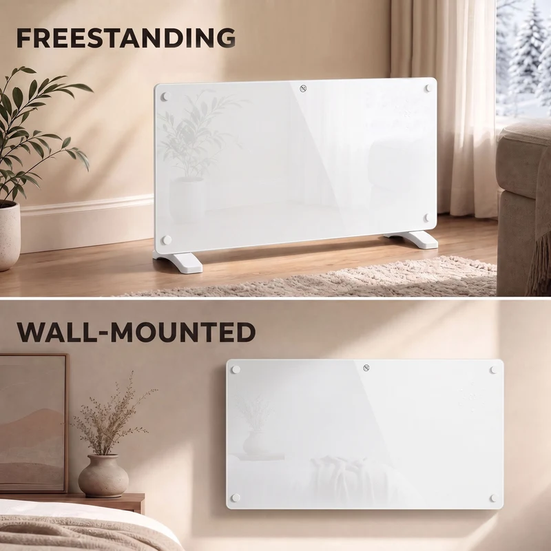 Smart 2000W Glass Heater for Wall or Floor with WiFi & Voice, Timer, White