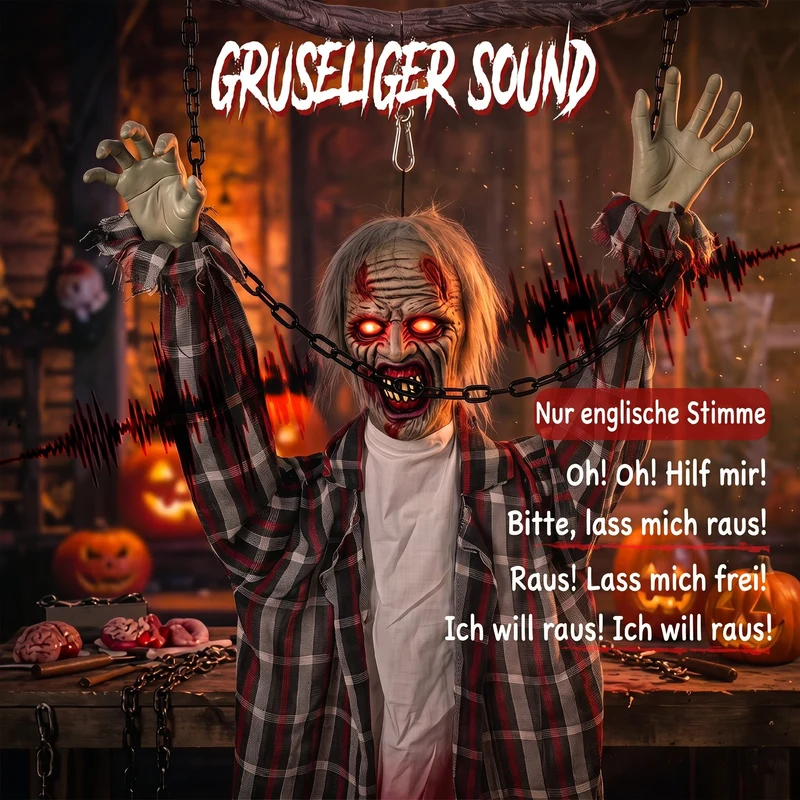 Halloween Hängende Zombie Deko Dekoration Sound LED-Augen 110cm