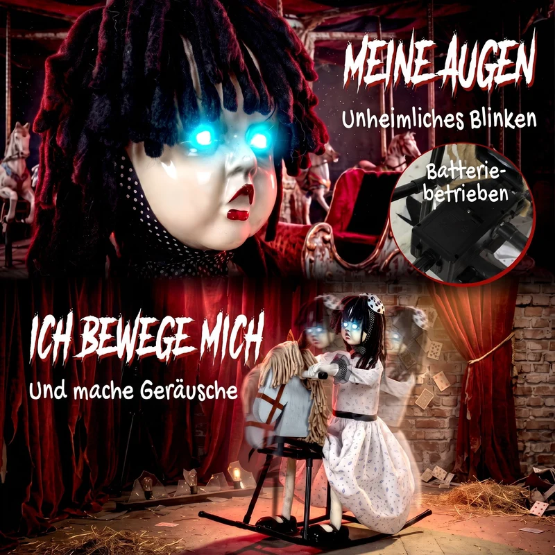 Halloween Animatronics Mädchen Schaukelpferd Leuchtende Augen