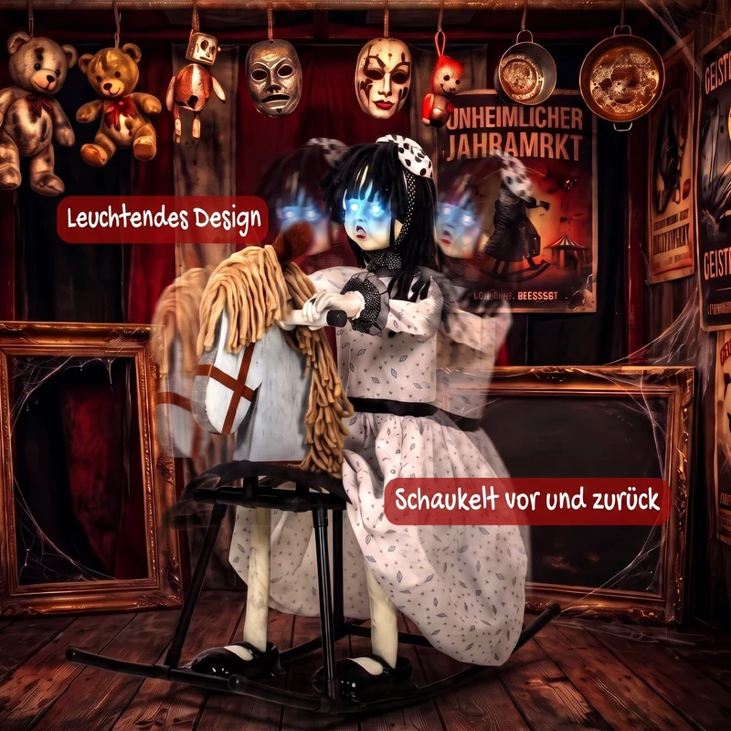 Halloween Animatronics Mädchen Schaukelpferd Leuchtende Augen