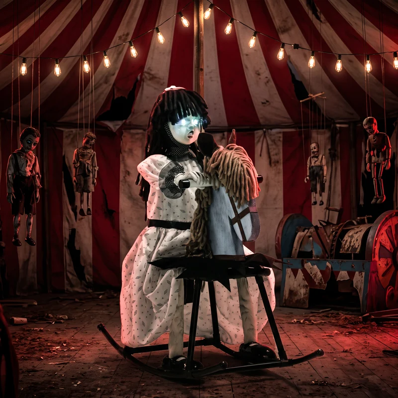 Halloween Animatronics Mädchen Schaukelpferd Leuchtende Augen