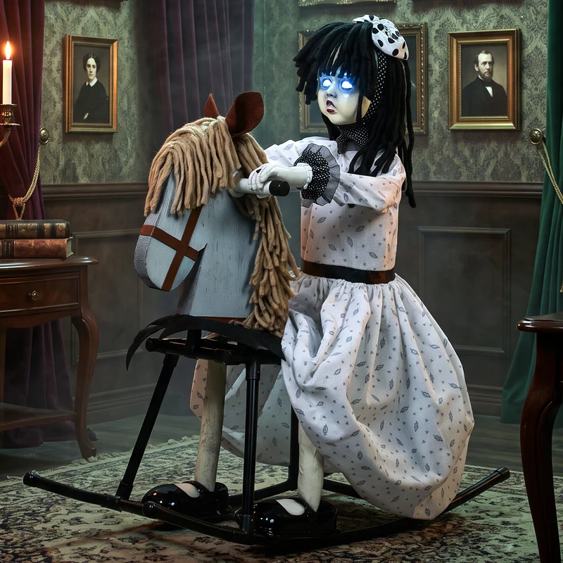Halloween Animatronics Mädchen Schaukelpferd Leuchtende Augen