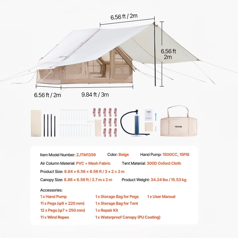 Aufblasbares Zelt Campingzelt 3x2x2m Handpumpe Camping