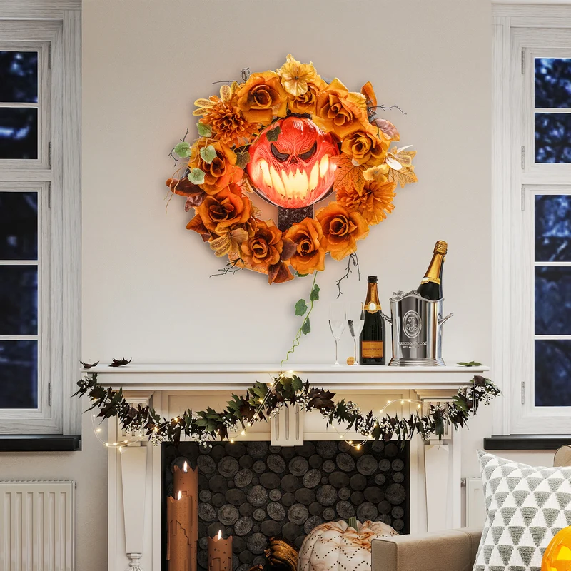 Halloween Kranz Kürbis Lichteffekte Türdeko Dekoration