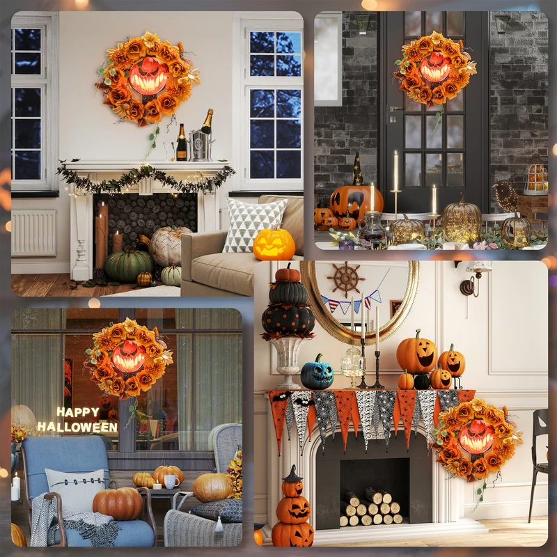 Halloween Kranz Kürbis Lichteffekte Türdeko Dekoration