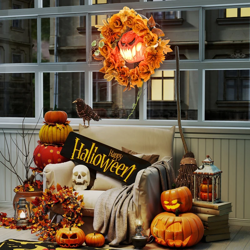 Halloween Kranz Kürbis Lichteffekte Türdeko Dekoration