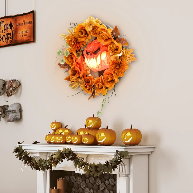 Halloween Kranz Kürbis Lichteffekte Türdeko Dekoration