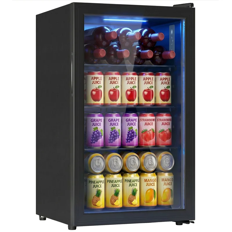 Compact 2.1 Cu.Ft Beverage Refrigerator with Glass Door and LED Light, Black