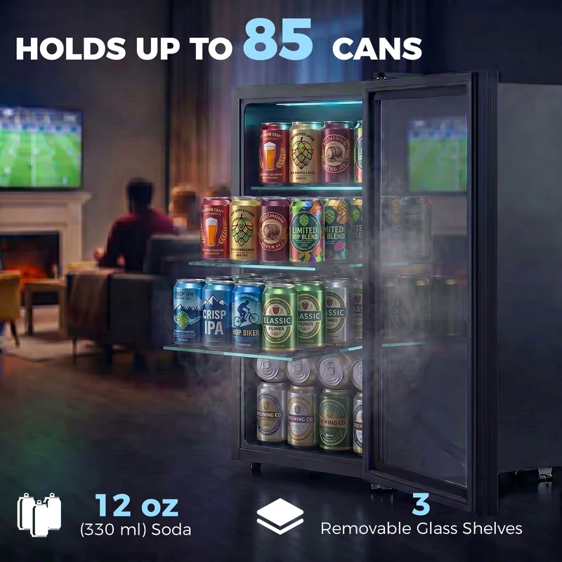 Compact 2.1 Cu.Ft Beverage Refrigerator with Glass Door and LED Light, Black