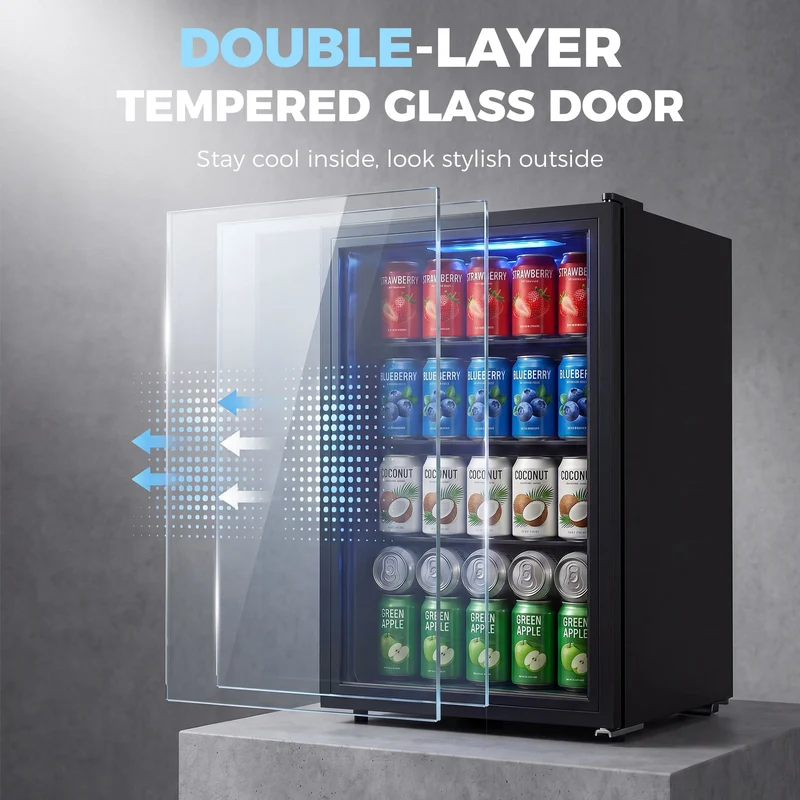 Compact 2.1 Cu.Ft Beverage Refrigerator with Glass Door and LED Light, Black