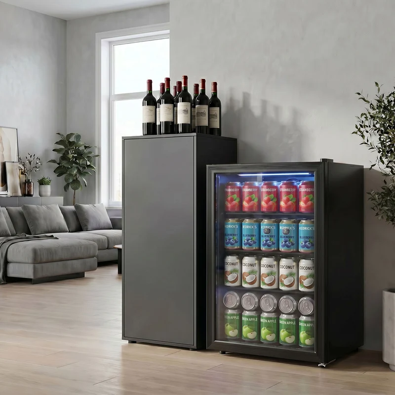 Compact 2.1 Cu.Ft Beverage Refrigerator with Glass Door and LED Light, Black