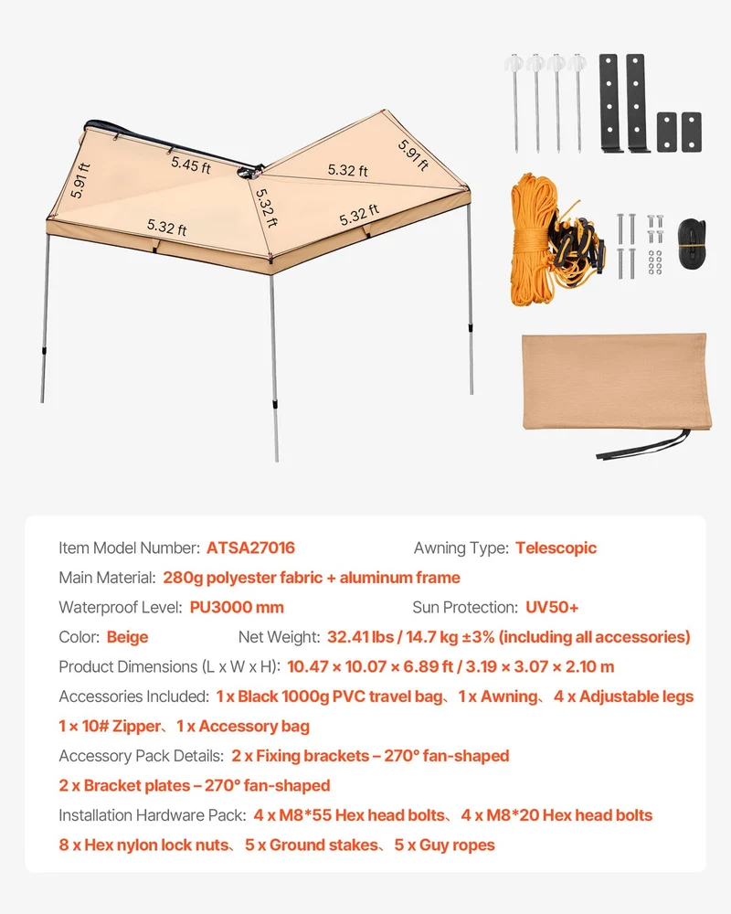 Markise Auto 3x3x2m Automarkise Sonnensegel Vorzelte Segel