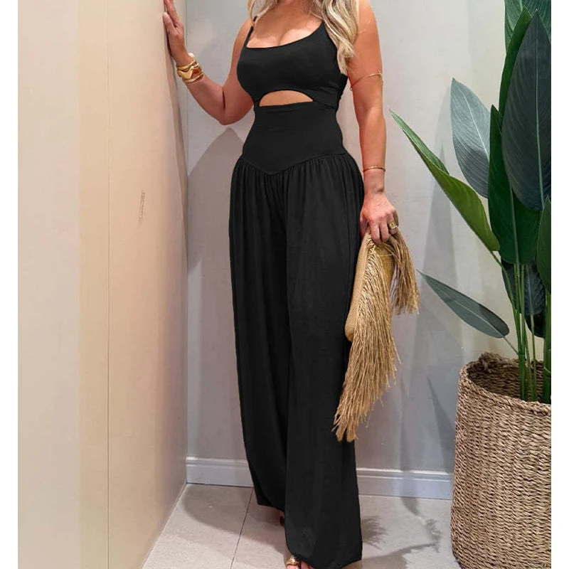 🎁Neuwaren 50% Rabatt💥🖤Ärmelloser Jumpsuit✨Cut-out Design｜Weites Bein｜Rückseite zum Binden
