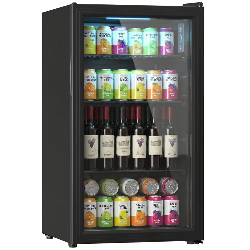 3.2 Cu.Ft Beverage Refrigerator with Glass Door for Soda & Beer, Black