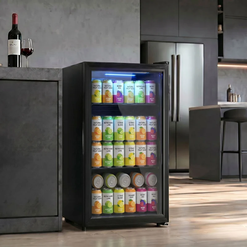 3.2 Cu.Ft Beverage Refrigerator with Glass Door for Soda & Beer, Black