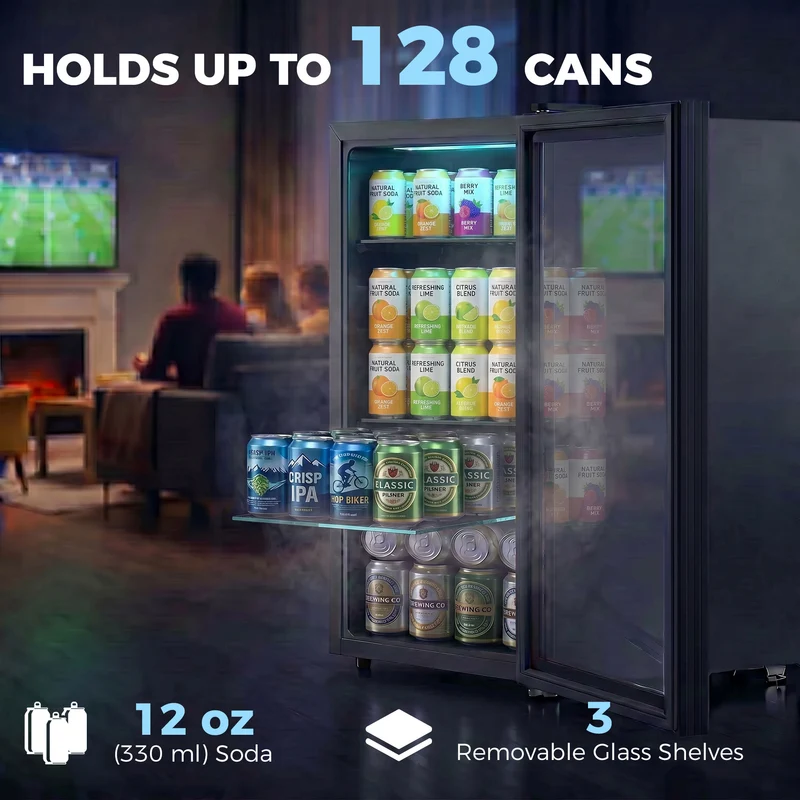3.2 Cu.Ft Beverage Refrigerator with Glass Door for Soda & Beer, Black