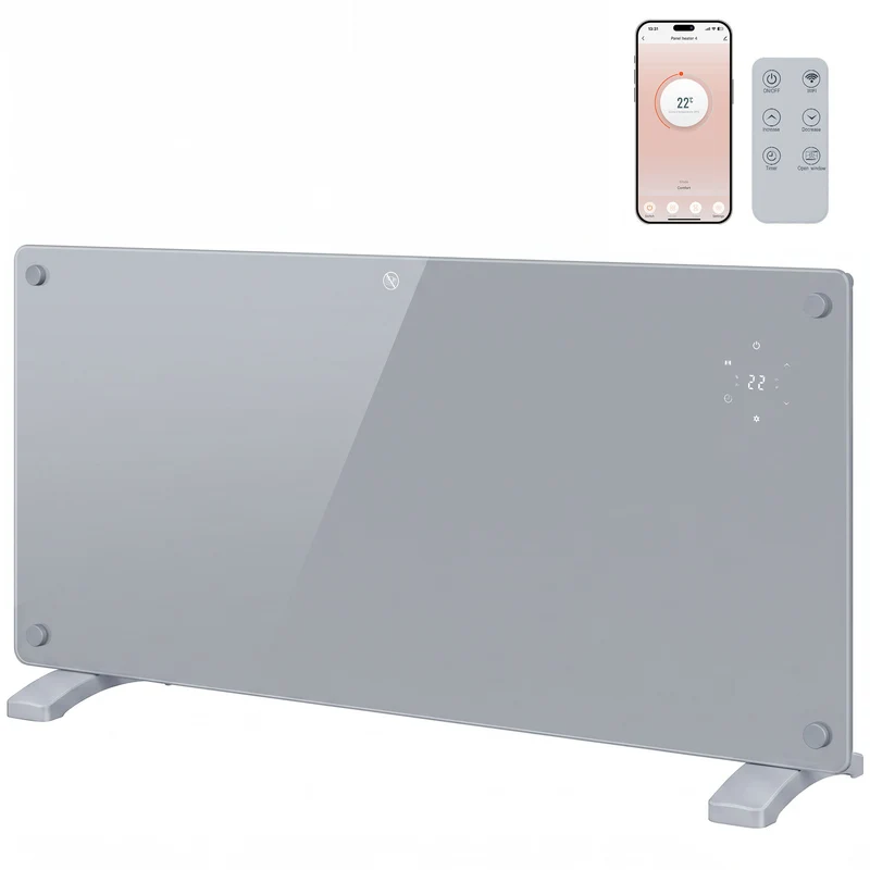 2000W Smart Panel Heater with WiFi and Timer, Wall Mount or Freestanding, Grey