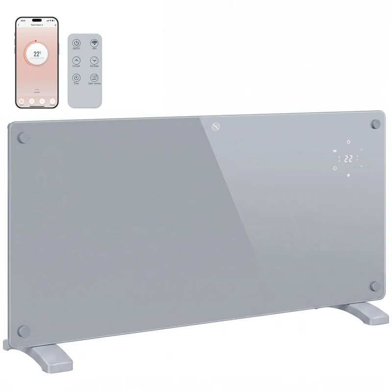 2000W Smart Panel Heater with WiFi and Timer, Wall Mount or Freestanding, Grey