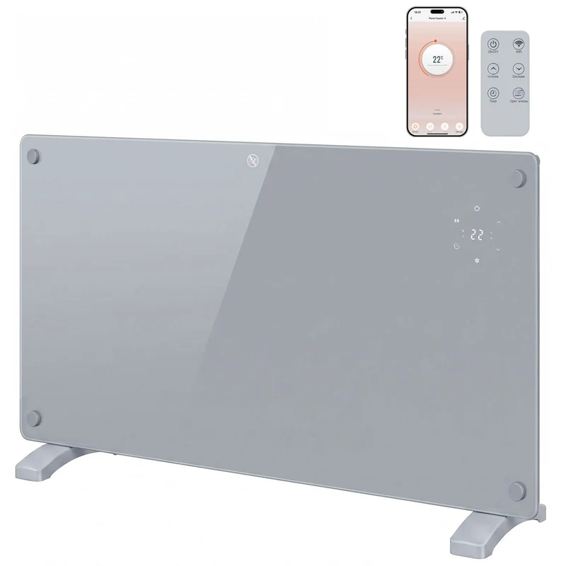 1500W Smart Panel Heater Wall or Freestanding with WiFi, Weekly Timer, Grey