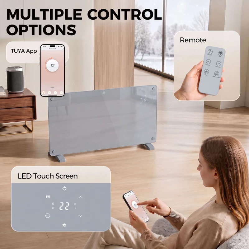 1500W Smart Panel Heater Wall or Freestanding with WiFi, Weekly Timer, Grey