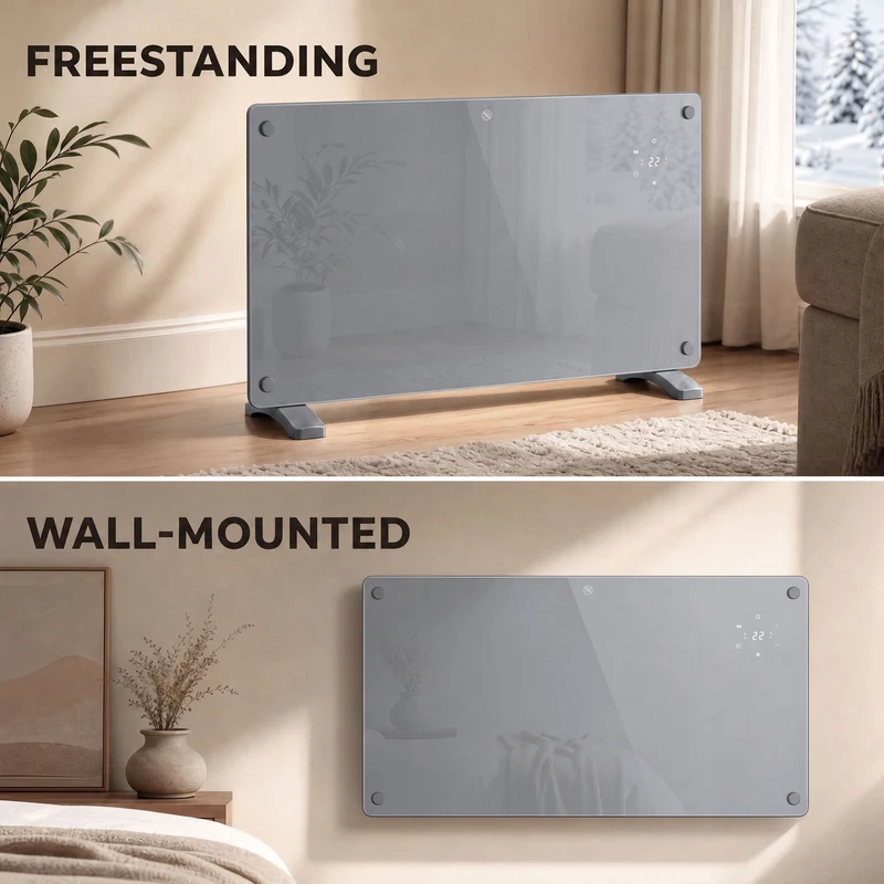 1500W Smart Panel Heater Wall or Freestanding with WiFi, Weekly Timer, Grey