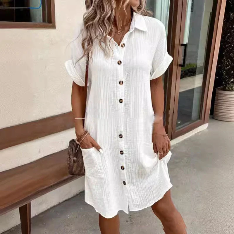 👗 50% RABATT! ☀️ Damen-Freizeitkleidhemd – Kurze Ärmel, Knöpfe & Tasche – Leicht & lässig – perfekt für Sommer, Strand oder Alltag 🌿🌸✨