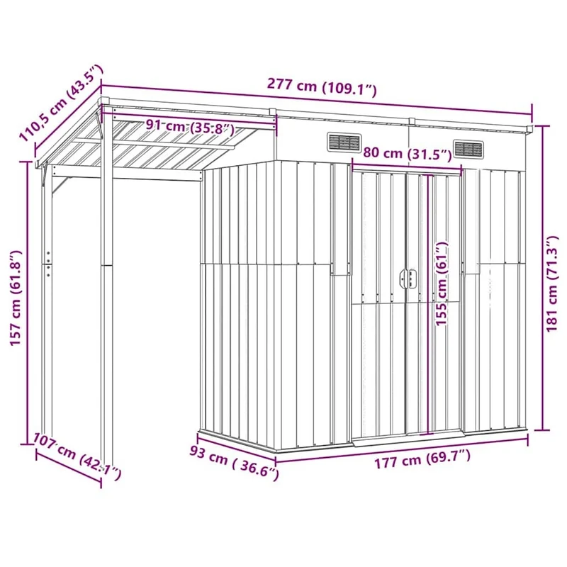 Geräteschuppen Metall Schleppdach 277cm Gerätehaus Stahl Verzinkt