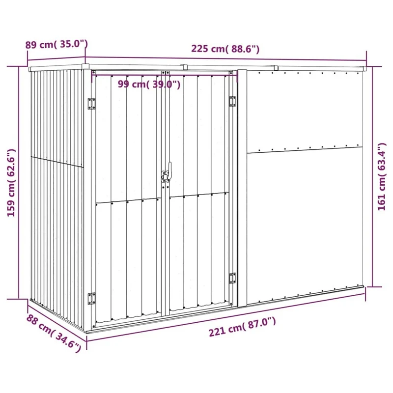 Gerätehaus Metall 225x89x159cm Geräteschuppen Garten Stahl