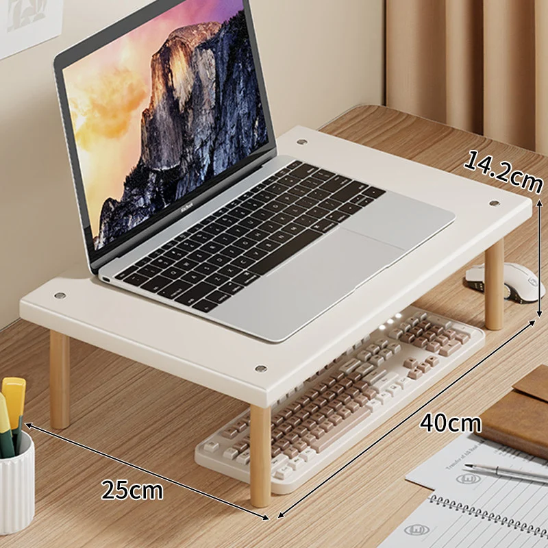 Kompakte Desktop-Laptop- und Monitorerhöhung mit Untertischstauraum und Holzbeinen