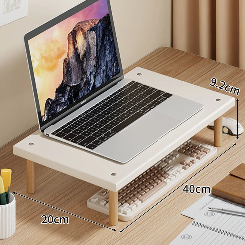 Kompakte Desktop-Laptop- und Monitorerhöhung mit Untertischstauraum und Holzbeinen