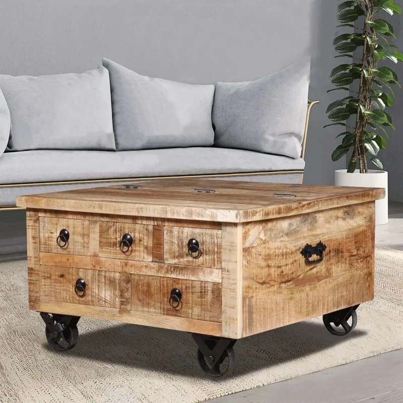 Antik Couchtisch Mangoholz 70x70x40cm Beistelltisch Bewegbar