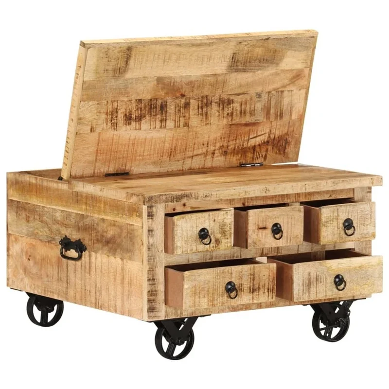 Antik Couchtisch Mangoholz 70x70x40cm Beistelltisch Bewegbar