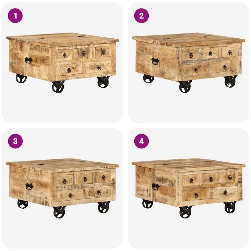 Antik Couchtisch Mangoholz 70x70x40cm Beistelltisch Bewegbar