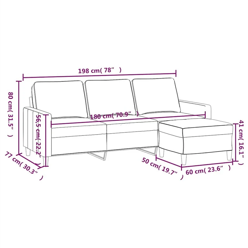 3-Sitzer Sofa Couch Polstersofa 198cm Hocker Wohnzimmer