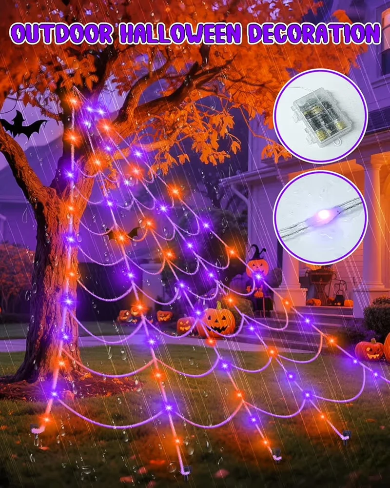 Halloween Deko Spinnennetz Lichterkette Outdoor Beleuchtung