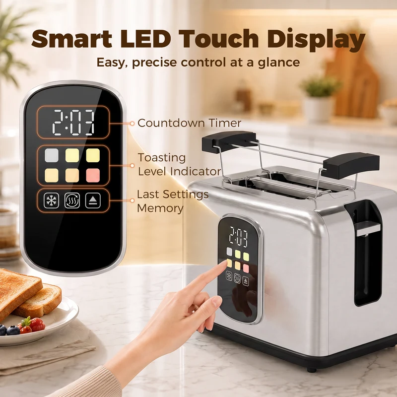 2-Slice Smart Toaster with Touchscreen & LED Timer, 6 Levels, Warming Rack