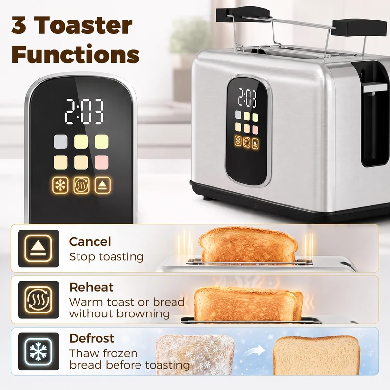 2-Slice Smart Toaster with Touchscreen & LED Timer, 6 Levels, Warming Rack
