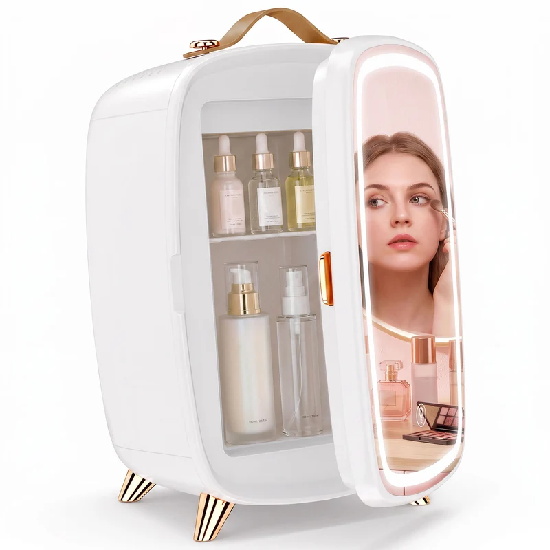 6L Mini Cosmetic Fridge with LED Mirror and Cooling Function for Bedroom, White