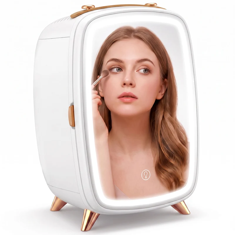 6L Mini Cosmetic Fridge with LED Mirror and Cooling Function for Bedroom, White