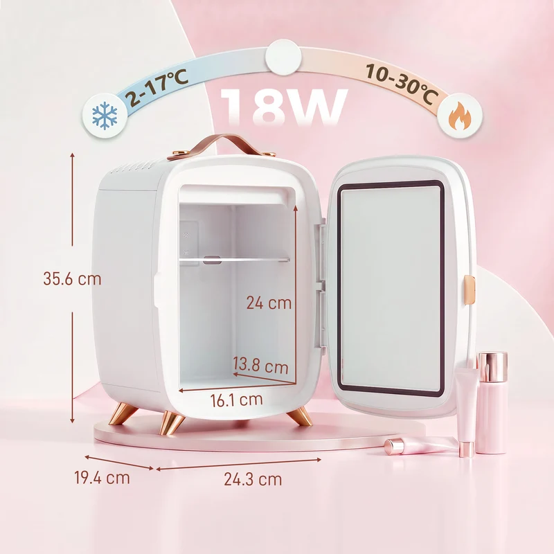 6L Mini Cosmetic Fridge with LED Mirror and Cooling Function for Bedroom, White