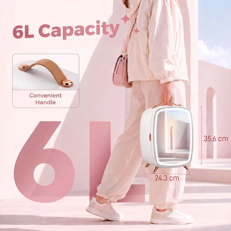 6L Mini Cosmetic Fridge with LED Mirror and Cooling Function for Bedroom, White