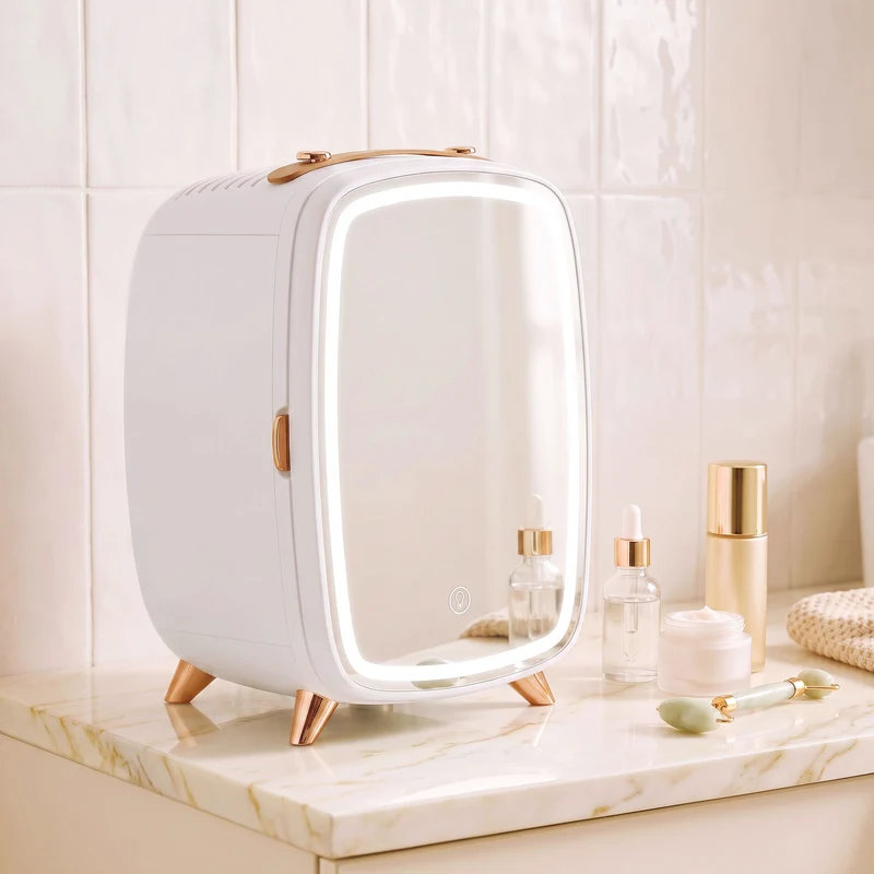 6L Mini Cosmetic Fridge with LED Mirror and Cooling Function for Bedroom, White