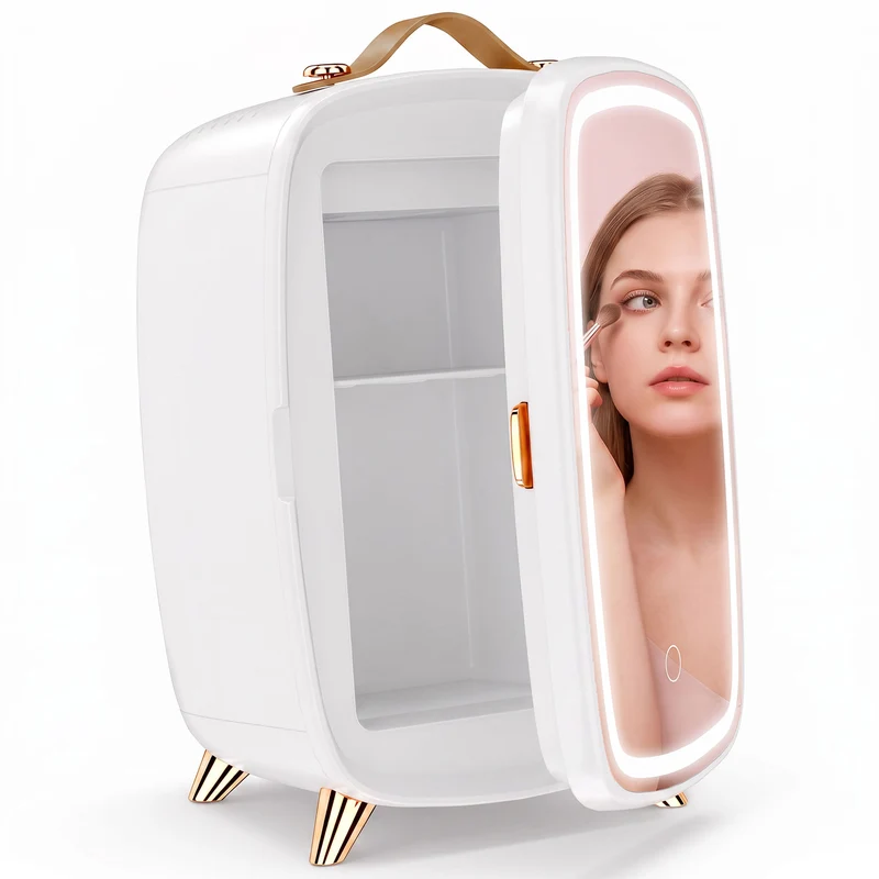 6L Mini Cosmetic Fridge with LED Mirror and Cooling Function for Bedroom, White