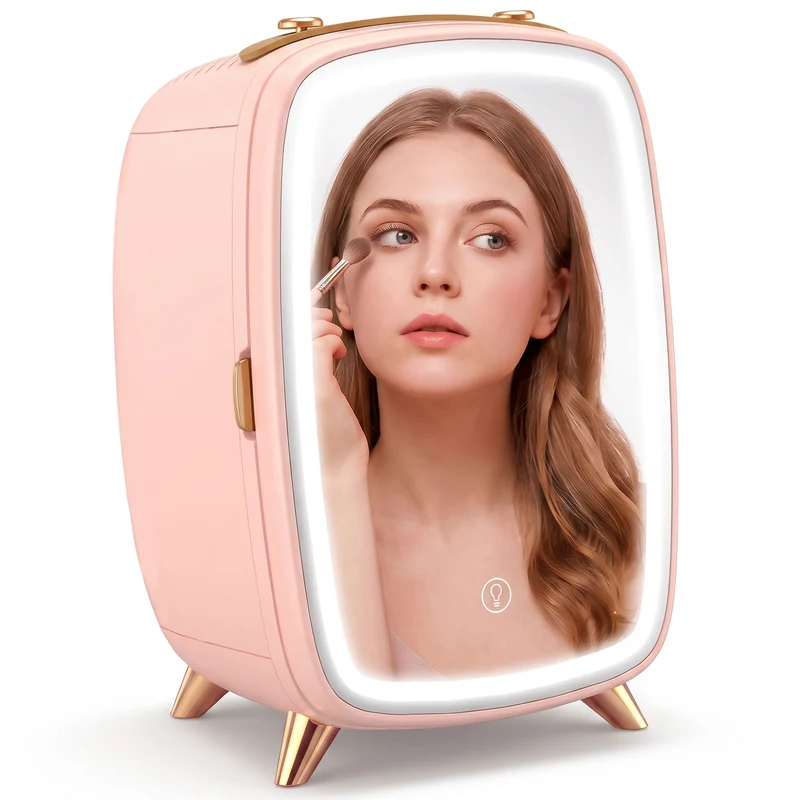 6L Mini Cosmetic Fridge with LED Mirror for Skincare, Cooling Function, Pink