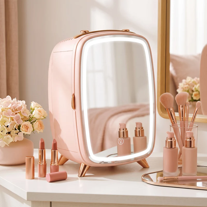 6L Mini Cosmetic Fridge with LED Mirror for Skincare, Cooling Function, Pink